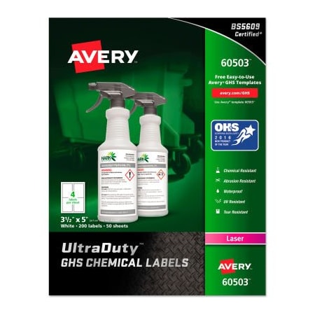 Avery Dennison Avery GHS Chemical Waterproof & UV Resistent Labels, Laser, 3-1/2in x 5in, 200/Box 60503